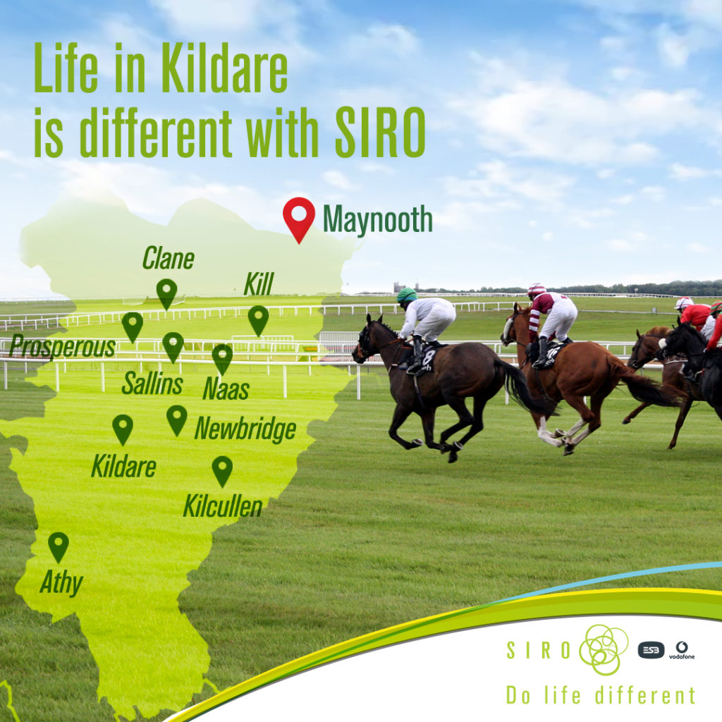 a photo of racehorses on a racecourse with a map of Kildare in the foreground
